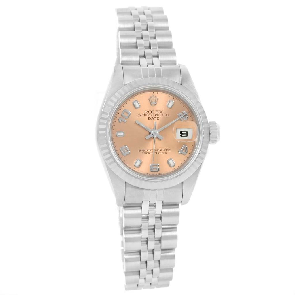 The image shows a frontal view of a Rolex Datejust 69174 Women's Stainless Steel Pink Dial 69174 Women's Stainless Steel Pink Dial watch, displaying its dial, bracelet, and date window.