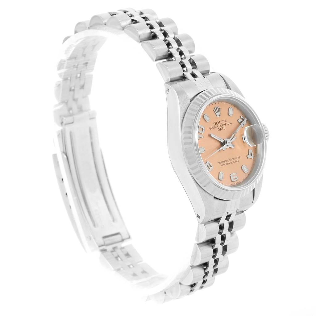 The image shows a side view of a Rolex Datejust 69174 Women's Stainless Steel Pink Dial 69174 Women's Stainless Steel Pink Dial watch, highlighting its bracelet, case, bezel, and dial with date magnifier.