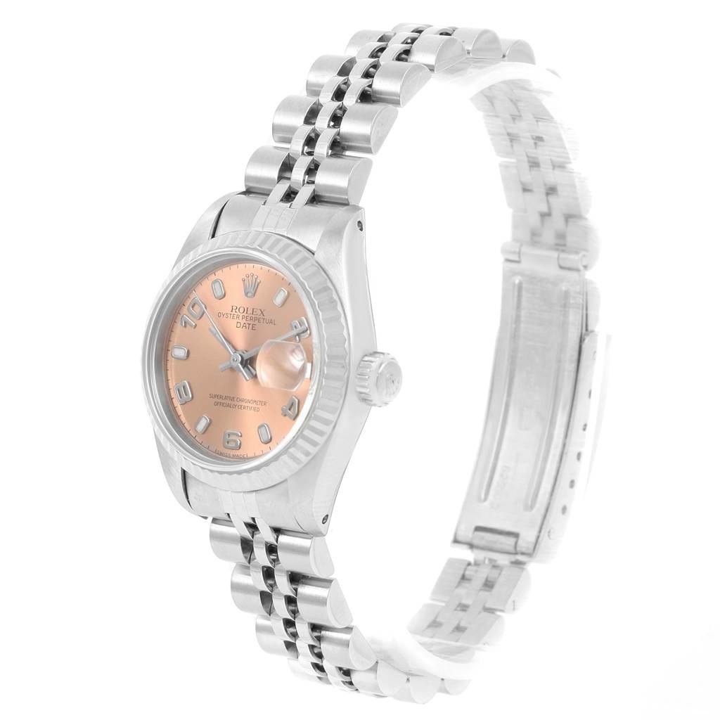 The image shows the Rolex Datejust 69174 Women's Stainless Steel Pink Dial 69174 Women's Stainless Steel Pink Dial watch from a front angle, highlighting its face, bezel, crown, and bracelet.