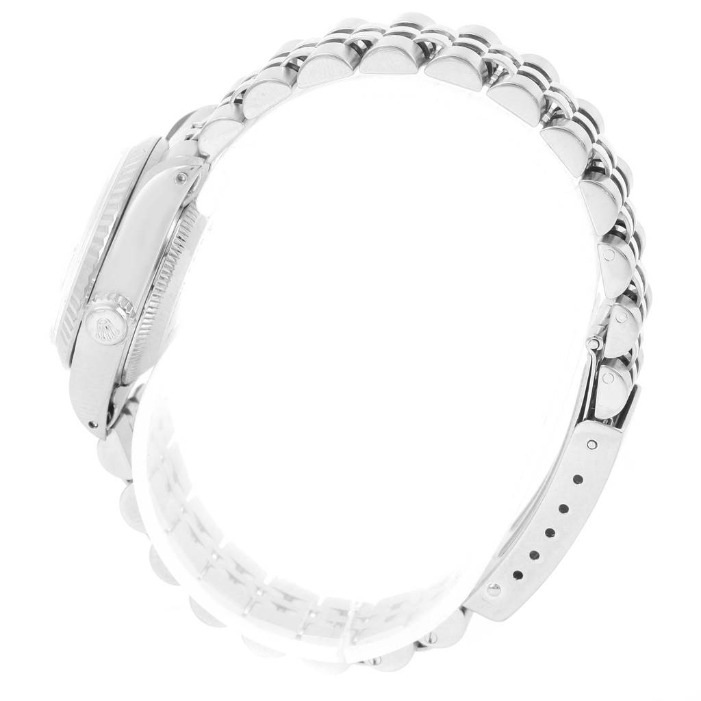 The image shows a side view of a Rolex Datejust 69174 Women's Stainless Steel Pink Dial 69174 Women's Stainless Steel Pink Dial watch, highlighting the bracelet and case.