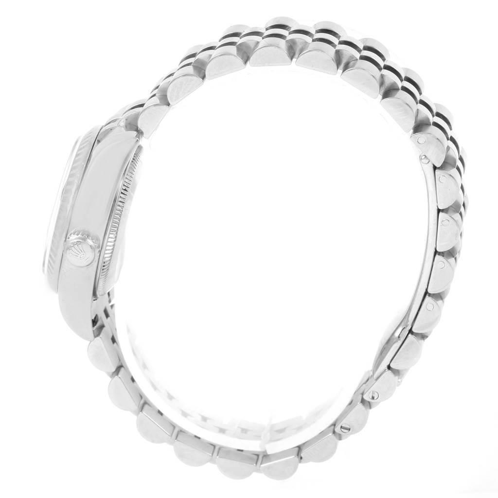 The image shows a side view of a Rolex Datejust 179174 Women
s Stainless Steel Mother of Pearl Dial 179174 Women
s Stainless Steel Mother of Pearl Dial watch, highlighting the bracelet and the side of the case.