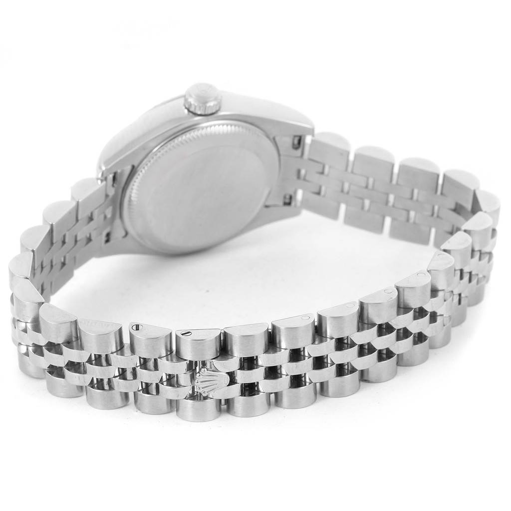 The image shows the back and bracelet of the Rolex Datejust 179174 Women
s Stainless Steel Mother of Pearl Dial 179174 Women
s Stainless Steel Mother of Pearl Dial watch, highlighting the clasp and case back.