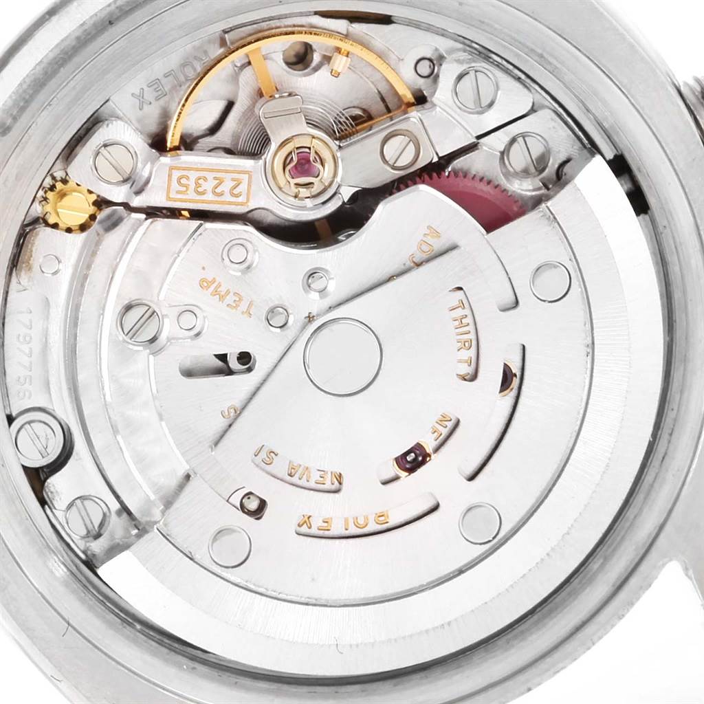 This image shows a detailed view of the movement mechanism inside the Rolex Datejust 179174 Women
s Stainless Steel Mother of Pearl Dial 179174 Women
s Stainless Steel Mother of Pearl Dial watch.
