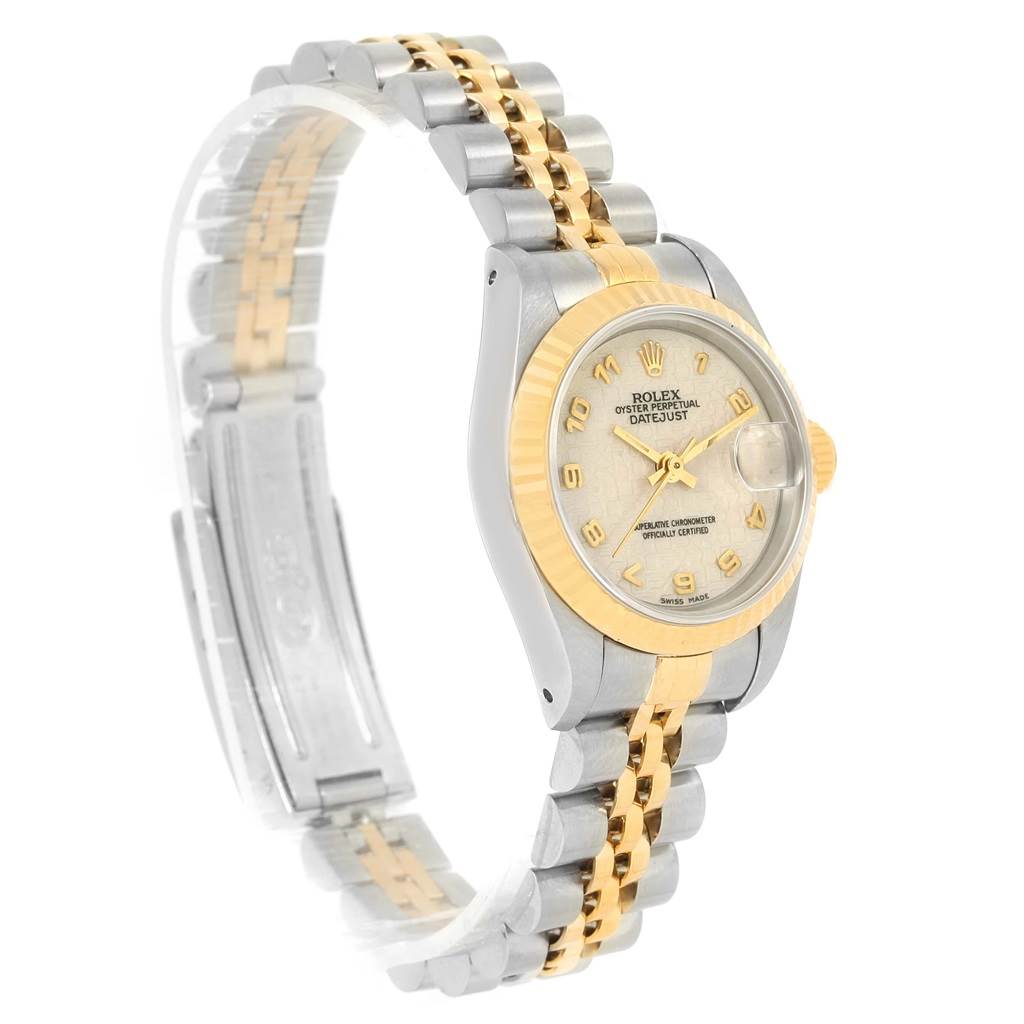 The image shows a Rolex Datejust 69173 Women's Stainless Steel Beige Dial 69173 Women's Stainless Steel Beige Dial model watch at a front-side angle, highlighting the dial, case, and two-tone bracelet.