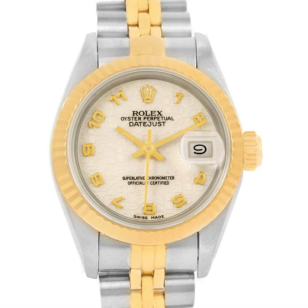 This image shows a front view of the Rolex Datejust 69173 Women's Stainless Steel Beige Dial 69173 Women's Stainless Steel Beige Dial watch, displaying the dial, bezel, crown, and part of the bracelet.