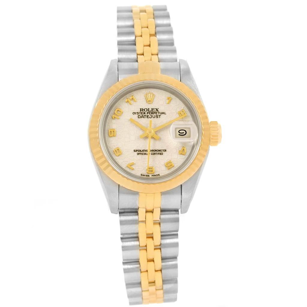 The image shows a front view of a Rolex Datejust 69173 Women's Stainless Steel Beige Dial 69173 Women's Stainless Steel Beige Dial watch, displaying its two-tone bracelet, gold bezel, and date window at the 3 o'clock position.