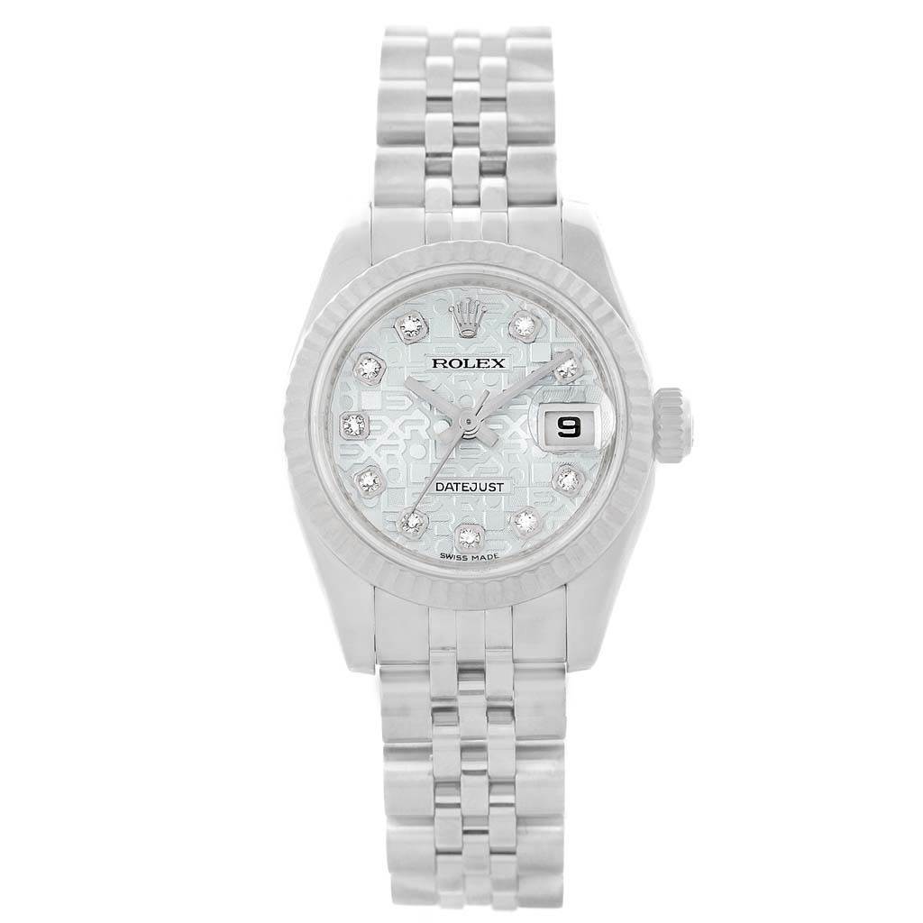 The Rolex Datejust 179174 Women's Stainless Steel Blue Dial 179174 Women's Stainless Steel Blue Dial watch is shown from a top-down angle, displaying the face, bezel, and bracelet.