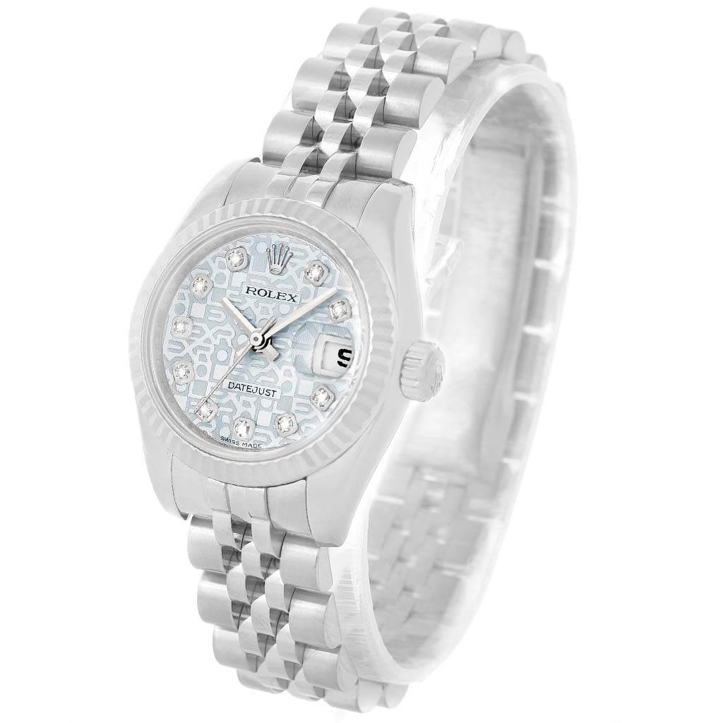 The image shows a Rolex Datejust 179174 Women's Stainless Steel Blue Dial 179174 Women's Stainless Steel Blue Dial watch from an angled top view, highlighting its face, bezel, and bracelet.