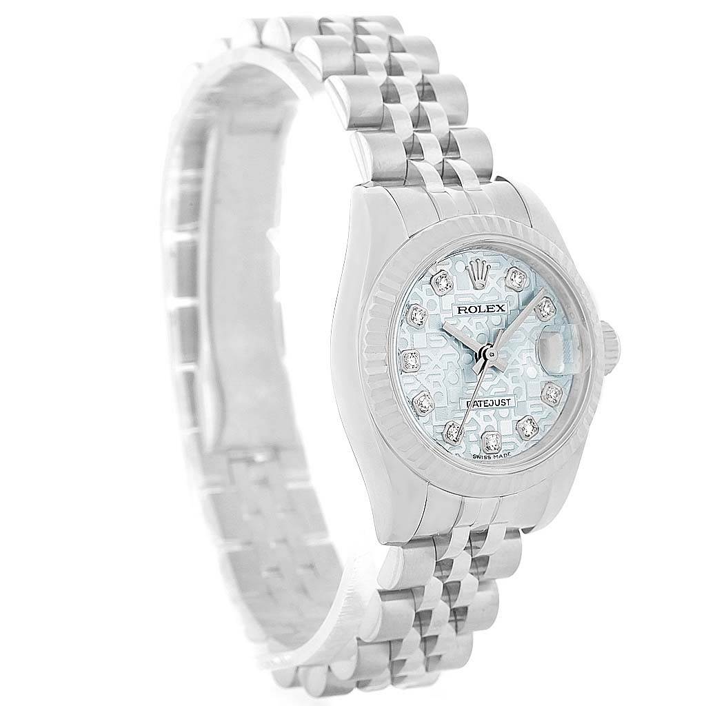 This image shows a Rolex Datejust 179174 Women's Stainless Steel Blue Dial 179174 Women's Stainless Steel Blue Dial watch at a slight angle, highlighting the dial, bezel, and bracelet.