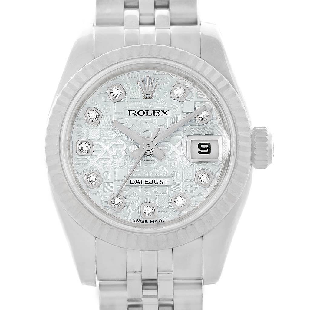 The Rolex Datejust 179174 Women's Stainless Steel Blue Dial 179174 Women's Stainless Steel Blue Dial watch is shown from the front angle, highlighting its dial, crystal, bezel, and part of the bracelet.