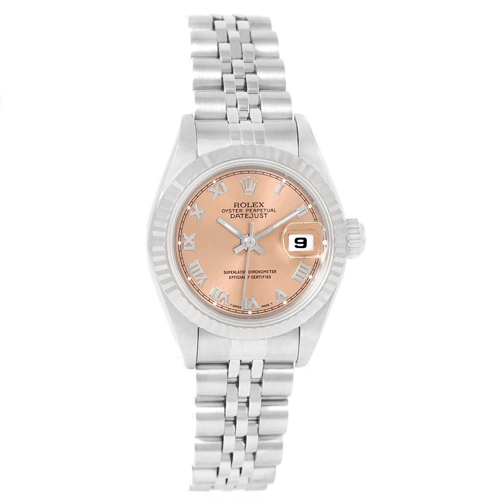 The image shows a front view of a Rolex Datejust 69174 Women
s Stainless Steel Pink Dial 69174 Women
s Stainless Steel Pink Dial watch, highlighting its dial, bezel, and bracelet.