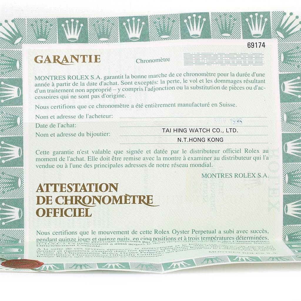 This image shows the warranty and certification paperwork for a Rolex Datejust 69174 Women
s Stainless Steel Pink Dial 69174 Women
s Stainless Steel Pink Dial model watch.