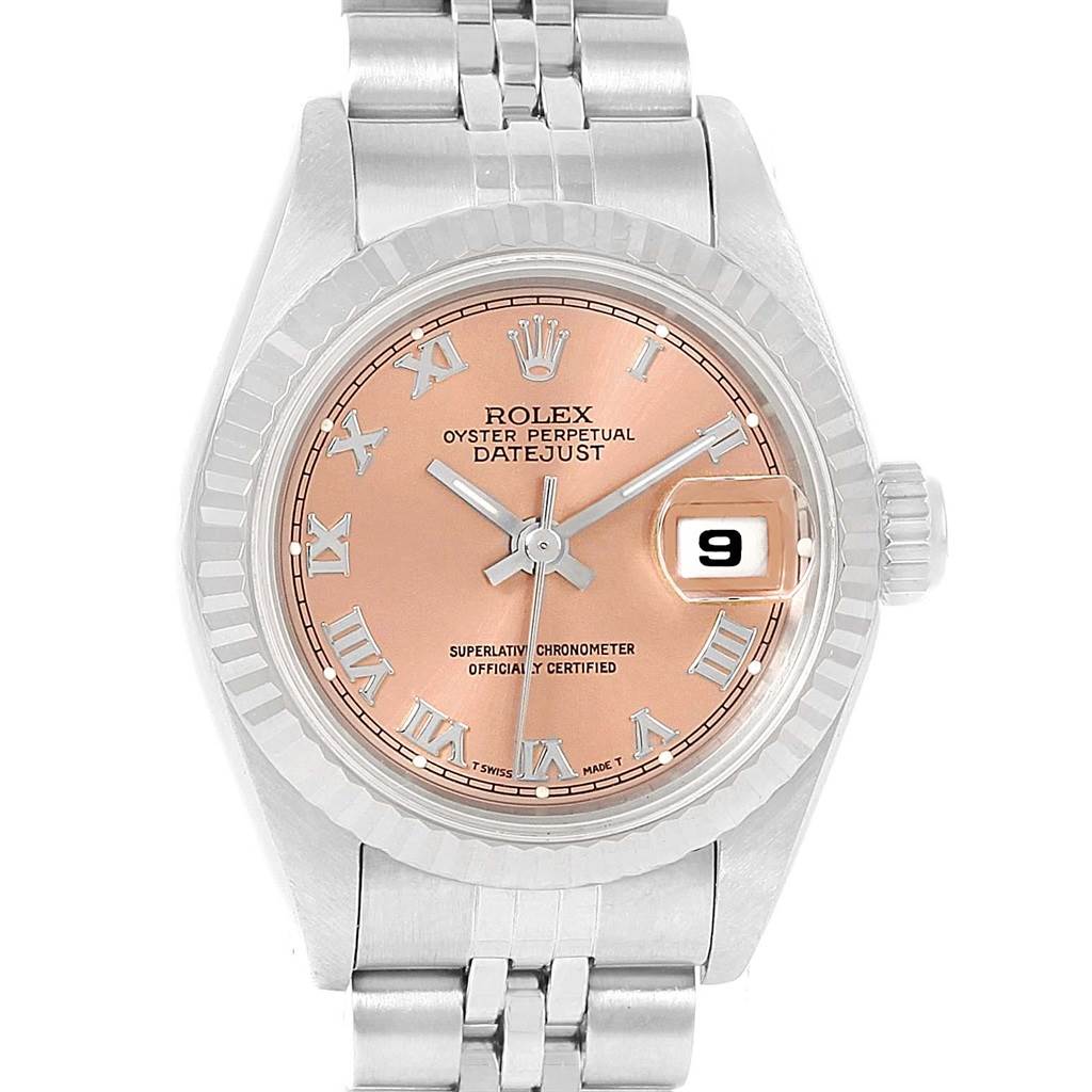 This is a front view of the Rolex Datejust 69174 Women
s Stainless Steel Pink Dial 69174 Women
s Stainless Steel Pink Dial watch, showing the dial, date window, hands, and part of the bracelet.