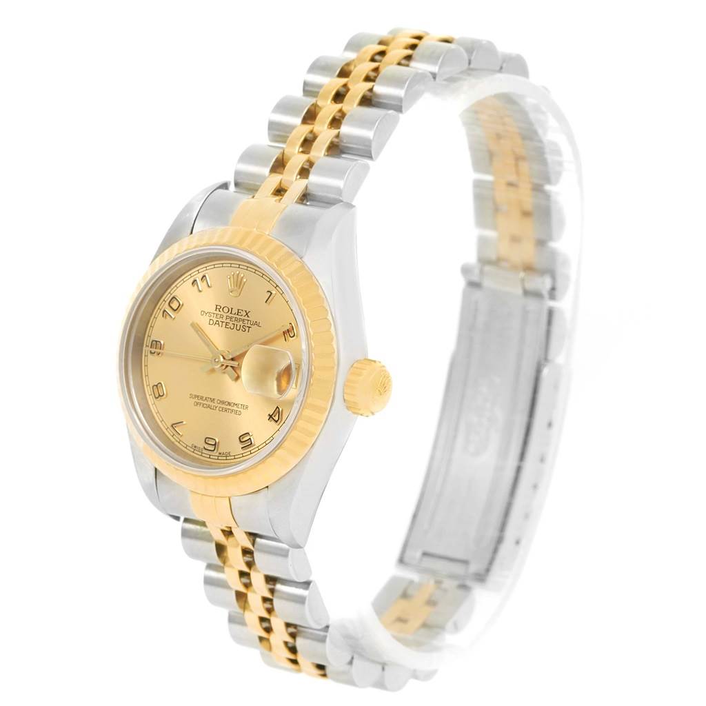 The Rolex Datejust 69173 Women's Stainless Steel Champagne Dial 69173 Women's Stainless Steel Champagne Dial model watch is shown from a slight side angle, highlighting the dial, bezel, case, and bracelet.