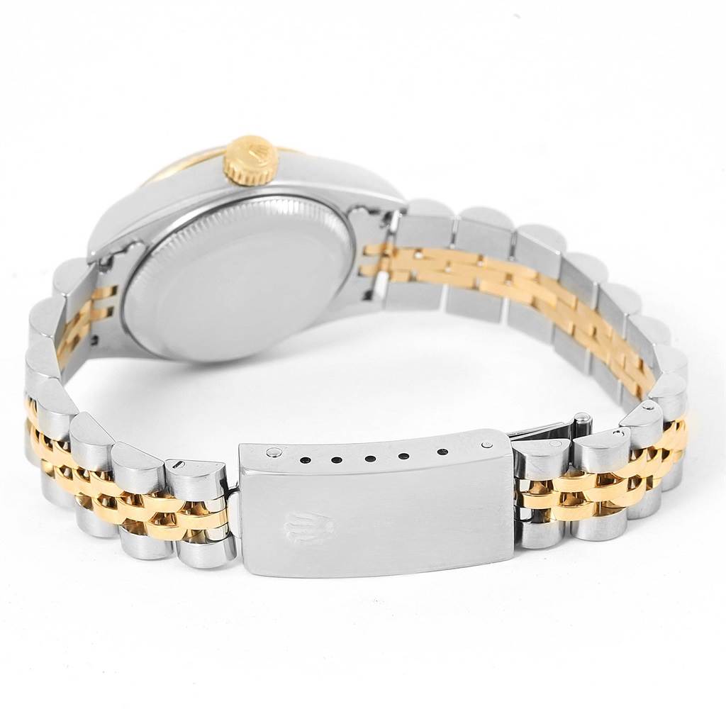 This image shows the back of a Rolex Datejust 69173 Women's Stainless Steel Champagne Dial 69173 Women's Stainless Steel Champagne Dial watch, highlighting the bracelet, clasp, and case back.