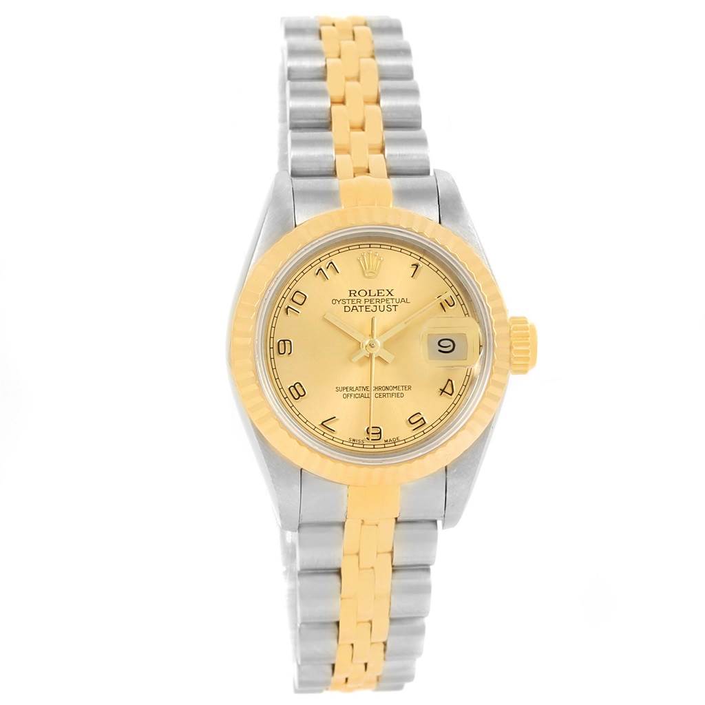 The Rolex Datejust 69173 Women's Stainless Steel Champagne Dial 69173 Women's Stainless Steel Champagne Dial watch is shown from a front angle, displaying the dial, bezel, and the two-tone bracelet.