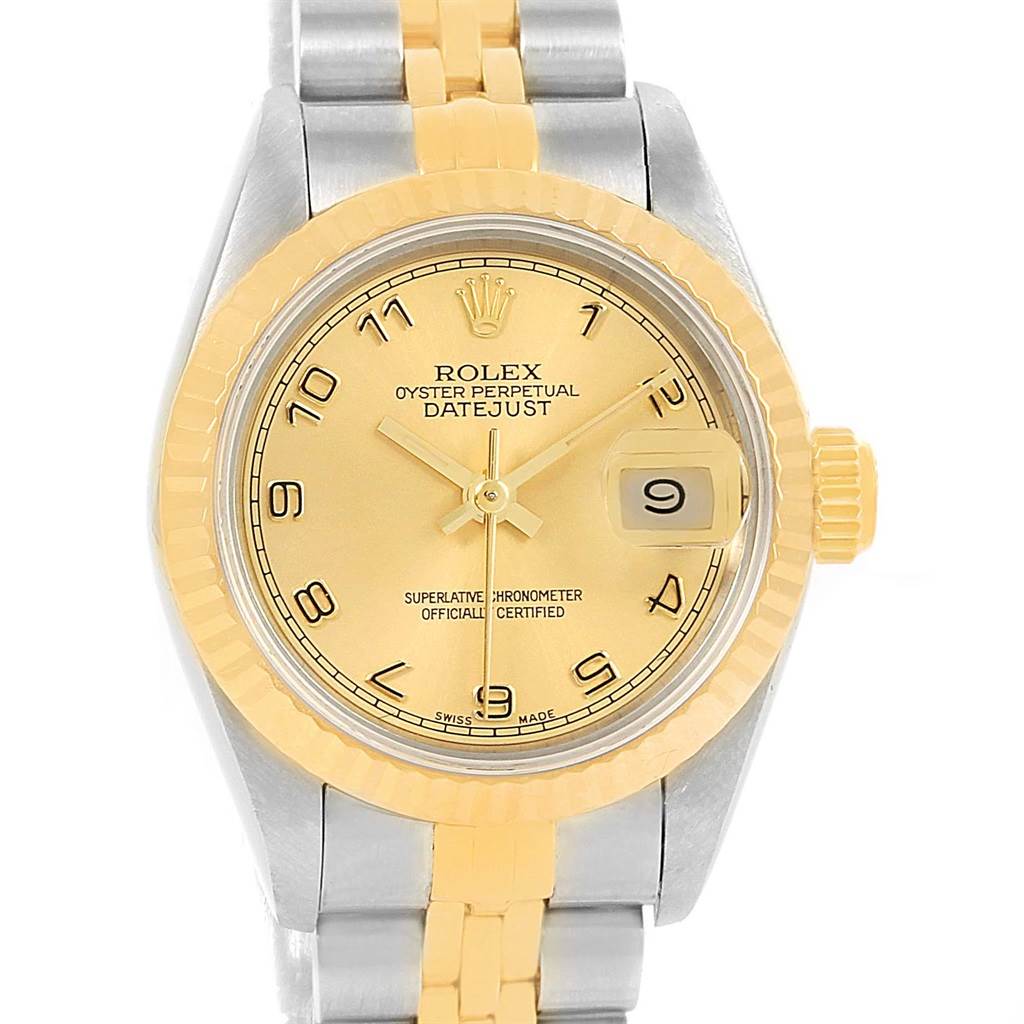 This image shows a front view of a Rolex Datejust 69173 Women's Stainless Steel Champagne Dial 69173 Women's Stainless Steel Champagne Dial watch, highlighting its gold dial, two-tone bracelet, and date display at 3 o'clock.