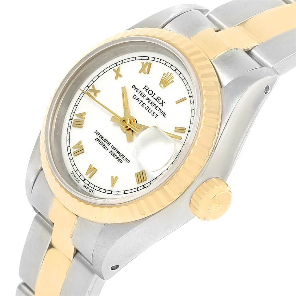 The image shows a close-up angled view of the Rolex Datejust 69173 Women's Stainless Steel White Dial 69173 Women's Stainless Steel White Dial watch, highlighting its face, bezel, and part of the bracelet.
