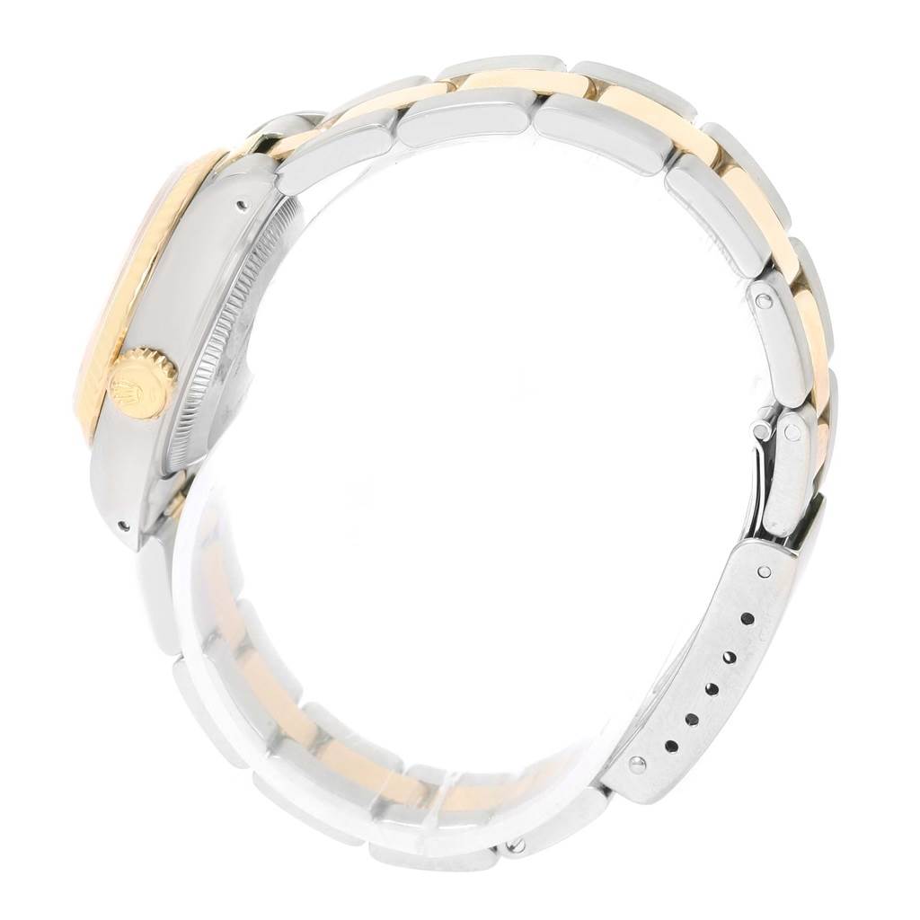 The image shows the side profile and clasp of a Rolex Datejust 69173 Women's Stainless Steel White Dial 69173 Women's Stainless Steel White Dial watch, highlighting the crown and two-tone bracelet.