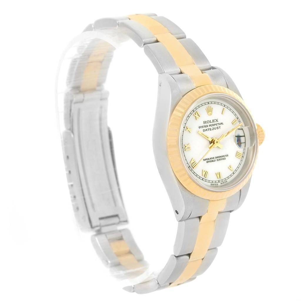 The Rolex Datejust 69173 Women's Stainless Steel White Dial 69173 Women's Stainless Steel White Dial watch is shown from a side angle, displaying the bracelet, case, dial, and crown.