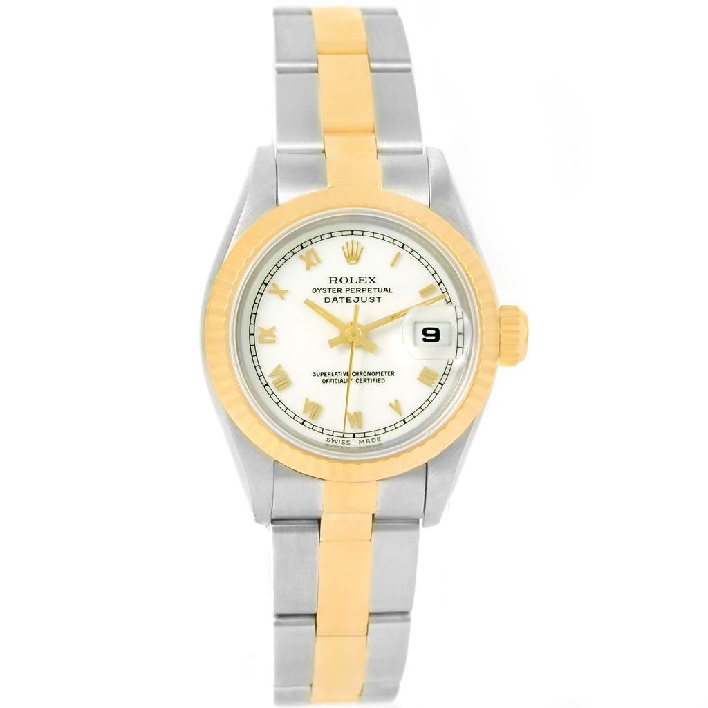 The image shows a front view of a Rolex Datejust 69173 Women's Stainless Steel White Dial 69173 Women's Stainless Steel White Dial watch, showcasing its two-tone band, dial, and date window at 3 o'clock.