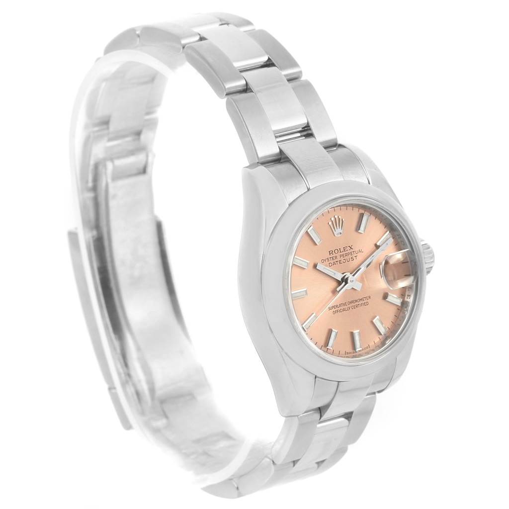 The image shows a Rolex Datejust 179160 Women's Stainless Steel Pink Dial 179160 Women's Stainless Steel Pink Dial watch at a three-quarter angle, highlighting its face, bezel, and part of the bracelet.