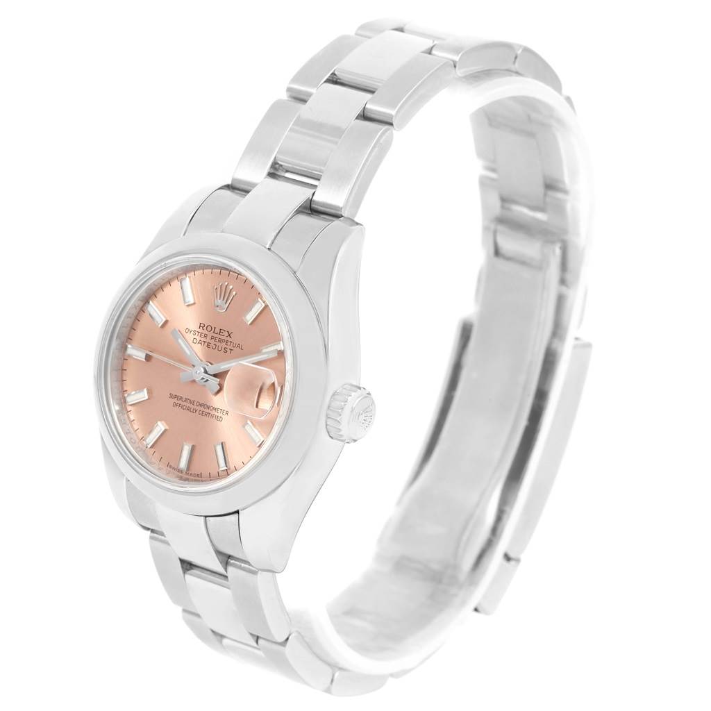 The image shows a Rolex Datejust 179160 Women's Stainless Steel Pink Dial 179160 Women's Stainless Steel Pink Dial watch at a three-quarter angle, highlighting its face, bezel, and part of the bracelet.