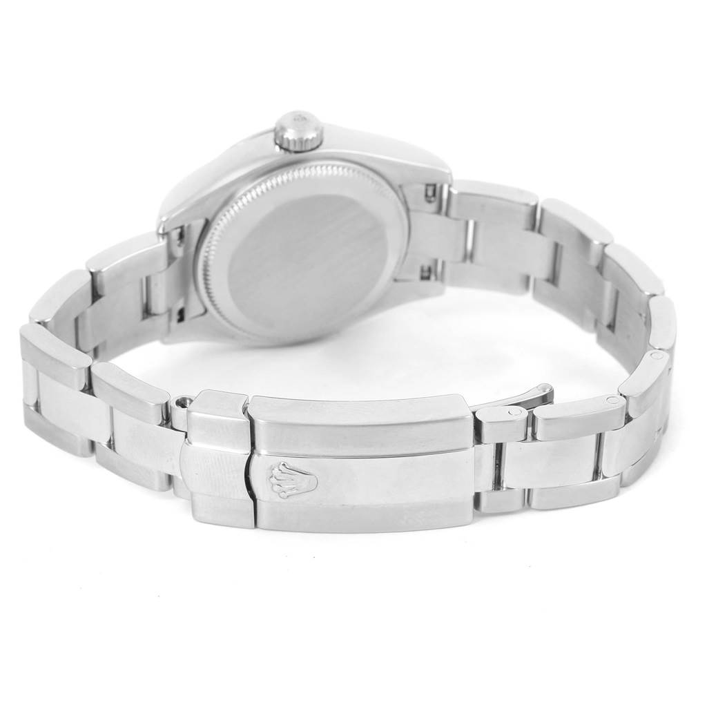 The image shows the back of a Rolex Datejust 179160 Women's Stainless Steel Pink Dial 179160 Women's Stainless Steel Pink Dial watch, highlighting its bracelet and clasp with the Rolex logo.