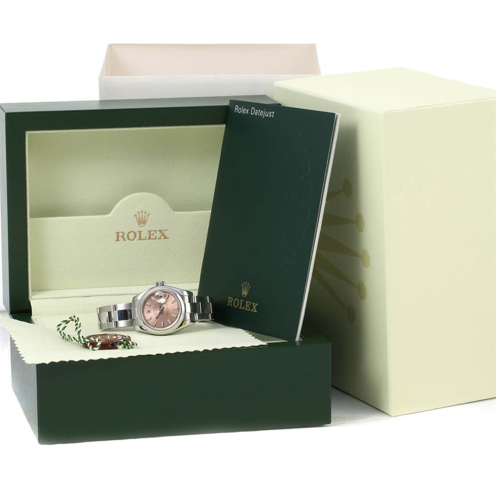 The image shows a Rolex Datejust 179160 Women's Stainless Steel Pink Dial 179160 Women's Stainless Steel Pink Dial watch in its box, accompanied by the user manual and tag.