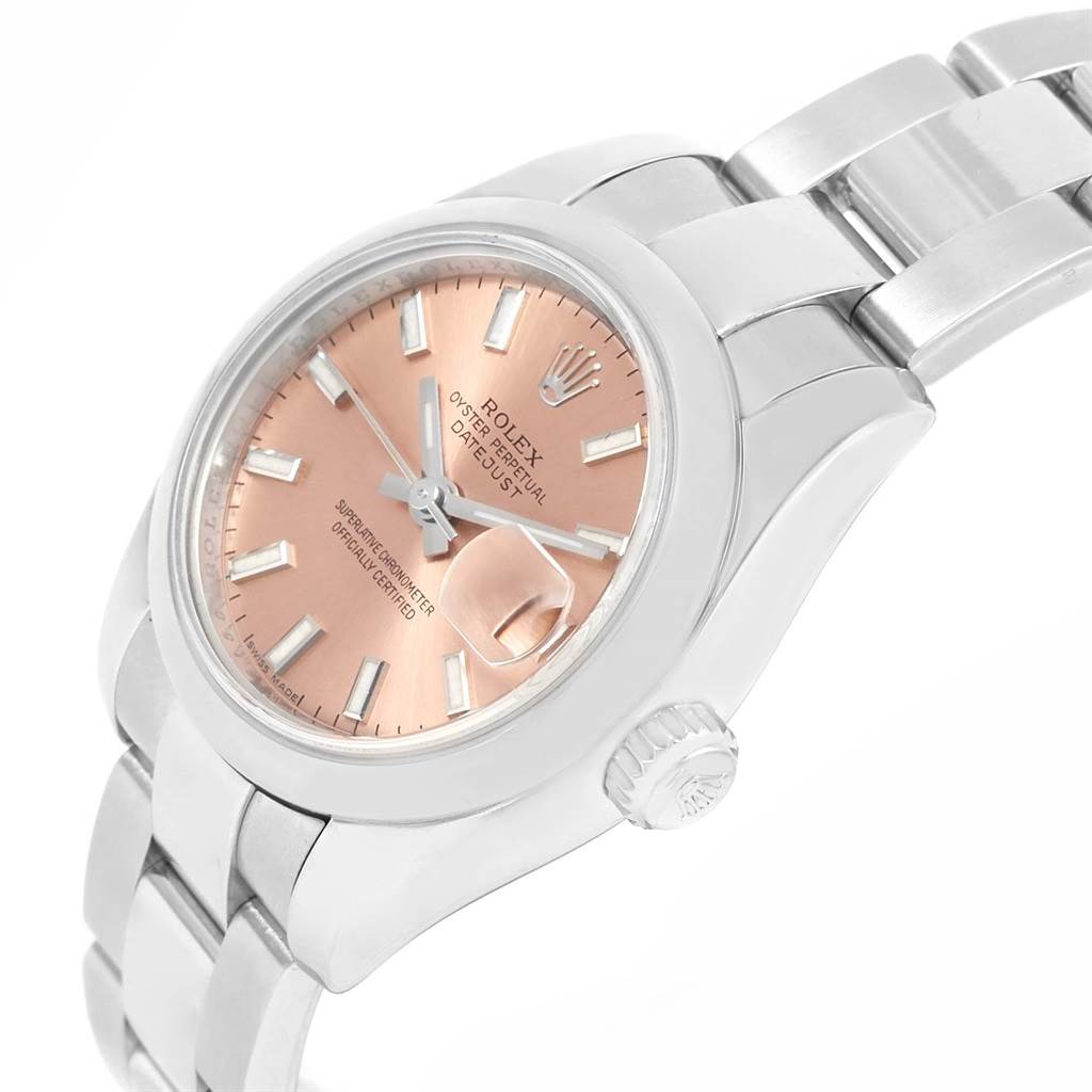 The Rolex Datejust 179160 Women's Stainless Steel Pink Dial 179160 Women's Stainless Steel Pink Dial watch is shown at an angle highlighting the face, crown, and part of the bracelet.