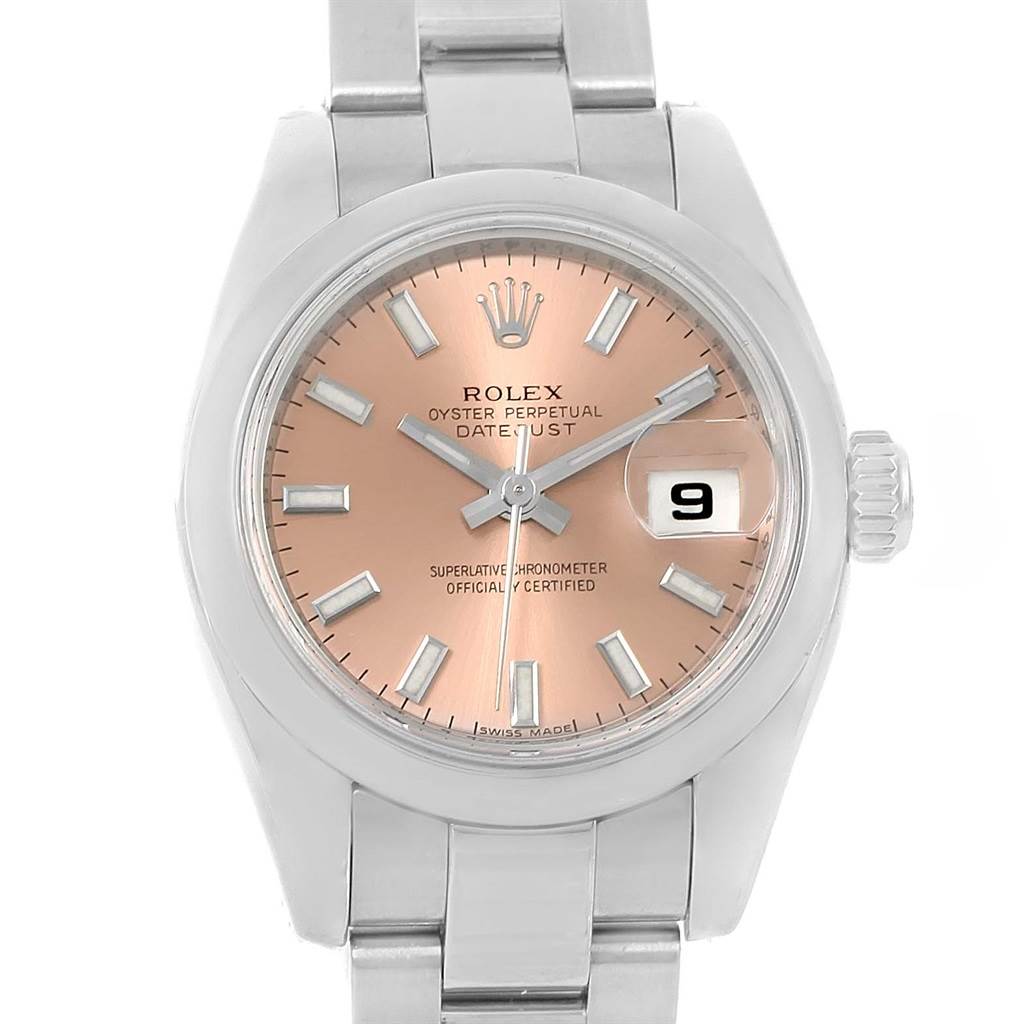 This image shows a frontal view of a Rolex Datejust 179160 Women's Stainless Steel Pink Dial 179160 Women's Stainless Steel Pink Dial watch, displaying its dial, hands, date window, and part of the bracelet.
