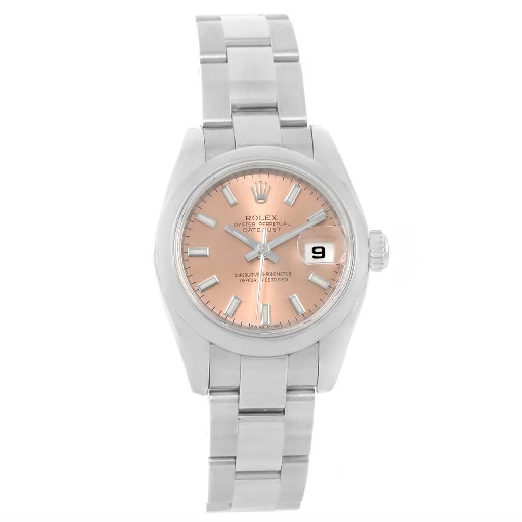 This image shows a Rolex Datejust 179160 Women's Stainless Steel Pink Dial 179160 Women's Stainless Steel Pink Dial watch from a front angle, displaying the face, bezel, crown, and bracelet.