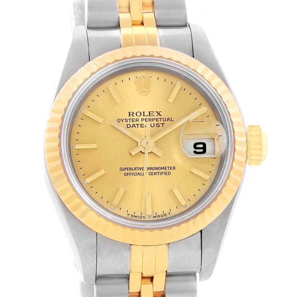 This image shows a close-up, front angle of the Rolex Datejust 69173 Women's Stainless Steel Champagne Dial 69173 Women's Stainless Steel Champagne Dial watch, revealing the dial, bezel, and part of the bracelet.