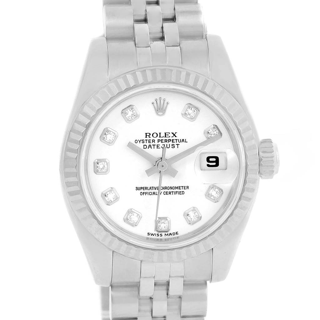 The image shows a front view of a Rolex Datejust 179174 Women
s Stainless Steel White Dial 179174 Women
s Stainless Steel White Dial watch, featuring its face, bezel, and part of its bracelet.
