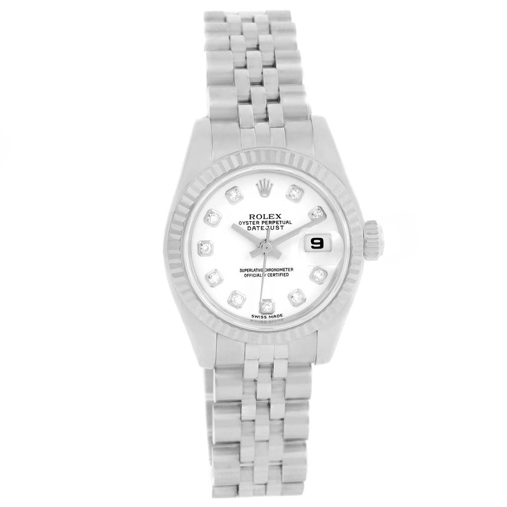 The image shows a front view of a Rolex Datejust 179174 Women
s Stainless Steel White Dial 179174 Women
s Stainless Steel White Dial watch displaying its dial, bezel, bracelet, and crown.