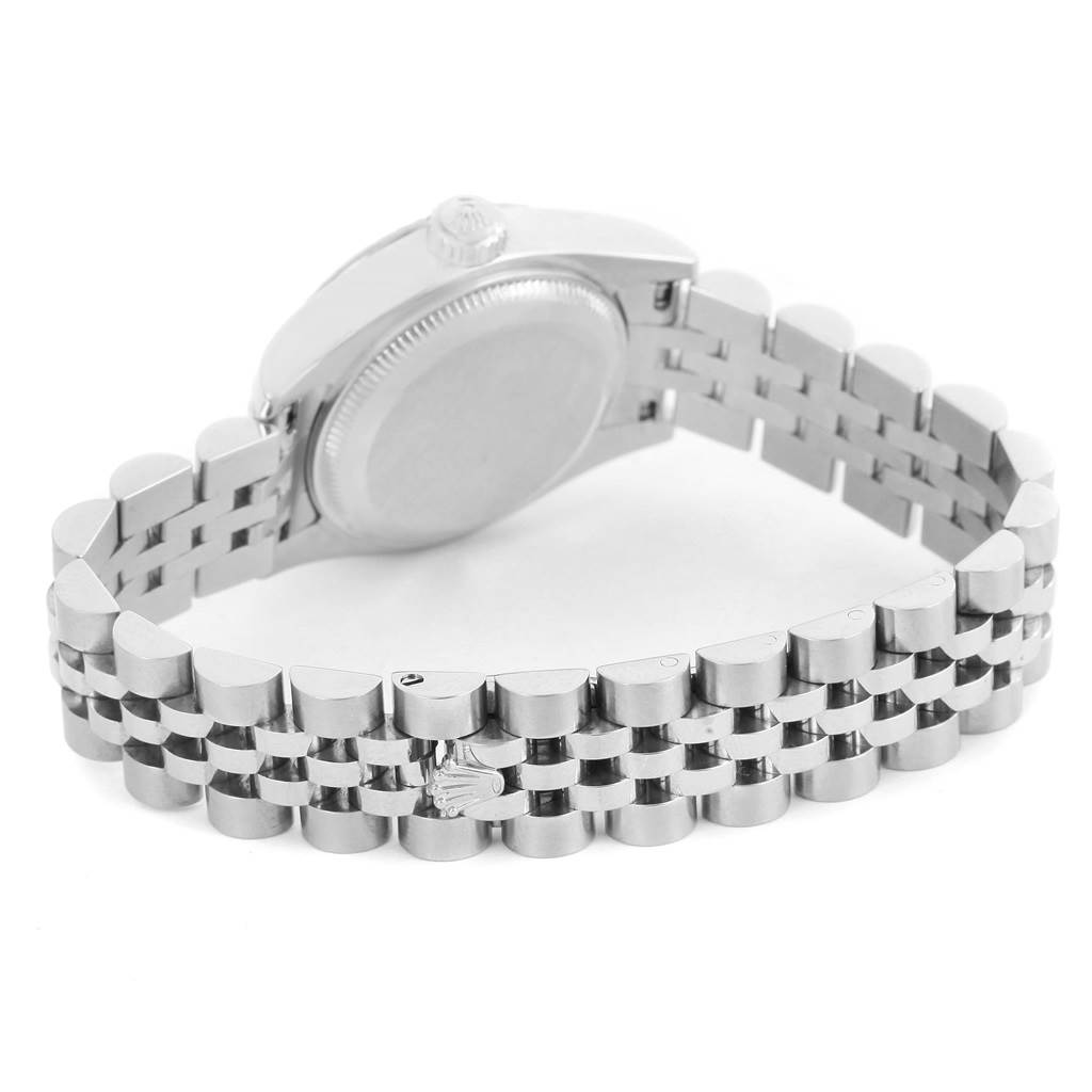 The image shows the back and bracelet of a Rolex Datejust 179174 Women
s Stainless Steel White Dial 179174 Women
s Stainless Steel White Dial watch, viewed from behind.