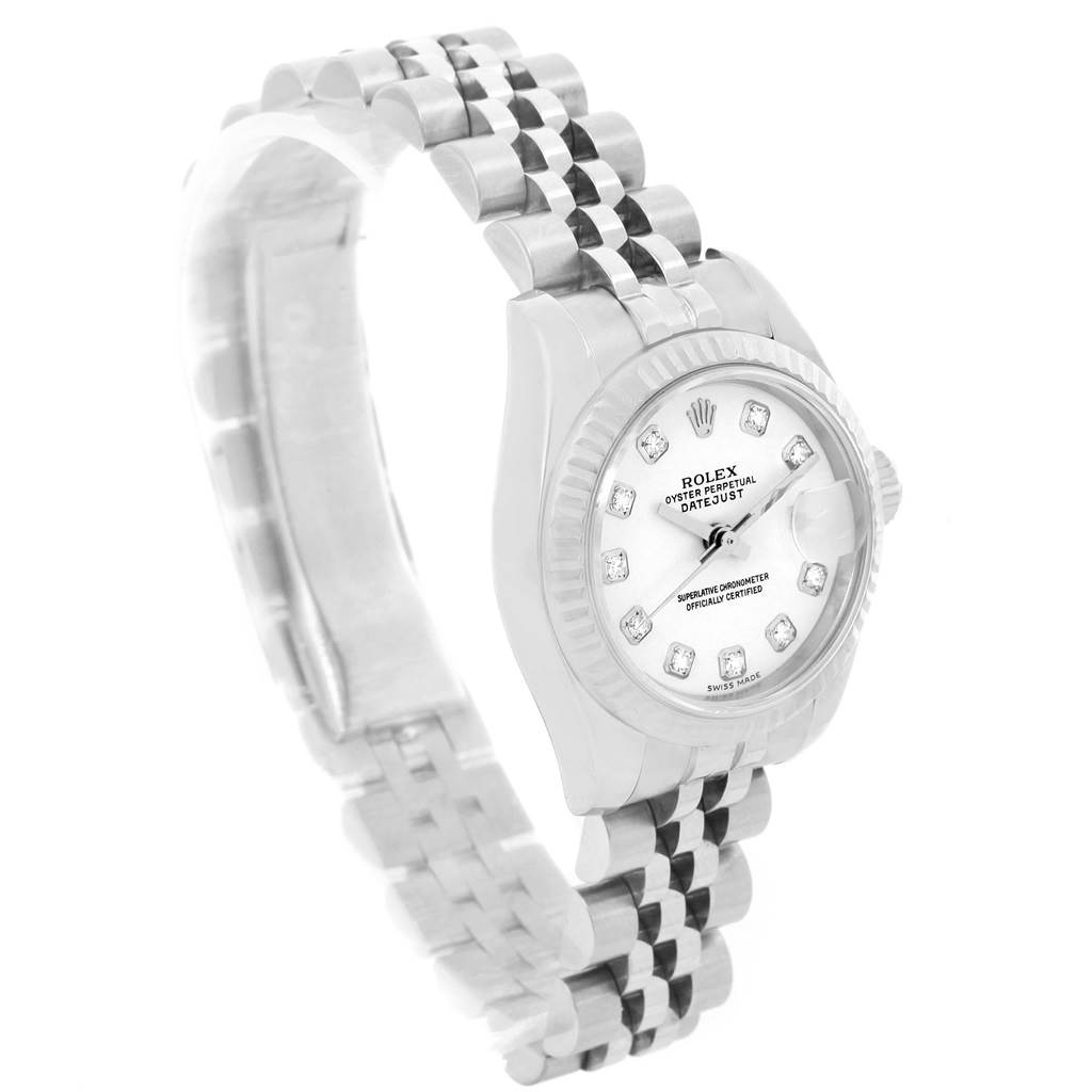 This image shows a Rolex Datejust 179174 Women
s Stainless Steel White Dial 179174 Women
s Stainless Steel White Dial watch angled from the front-left, highlighting the face and part of the bracelet.