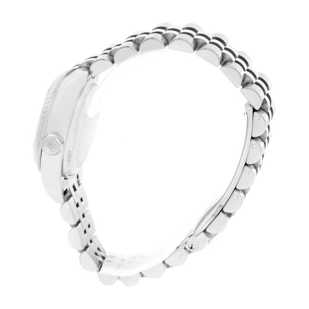 This image shows a side view of the Rolex Datejust 179174 Women
s Stainless Steel White Dial 179174 Women
s Stainless Steel White Dial watch, highlighting its case and bracelet.
