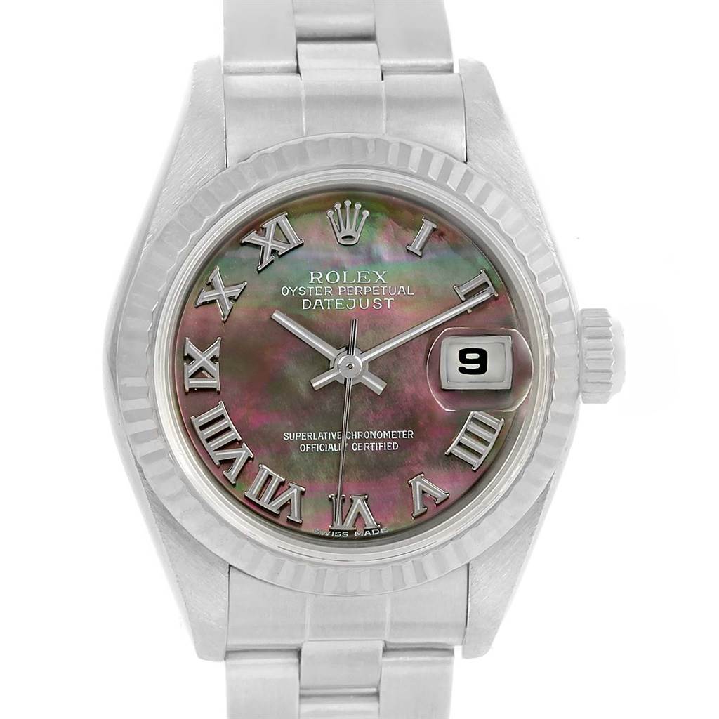 The Rolex Datejust 79174 Women's Stainless Steel Mother of Pearl Dial 79174 Women's Stainless Steel Mother of Pearl Dial watch is shown from a frontal angle, highlighting the dial, hands, bezel, and part of the bracelet.