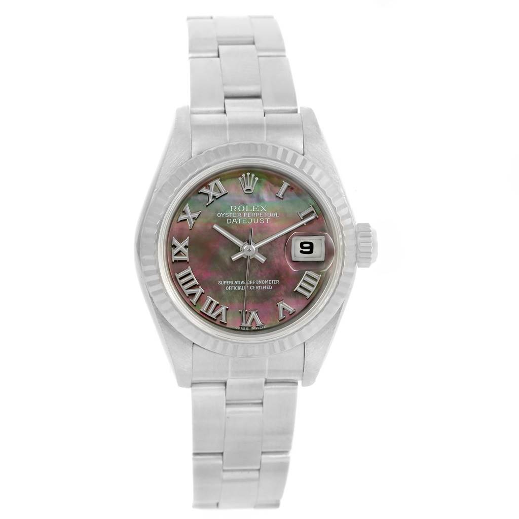 This image shows a front view of a Rolex Datejust 79174 Women's Stainless Steel Mother of Pearl Dial 79174 Women's Stainless Steel Mother of Pearl Dial watch, highlighting its dial, bezel, and stainless steel bracelet.