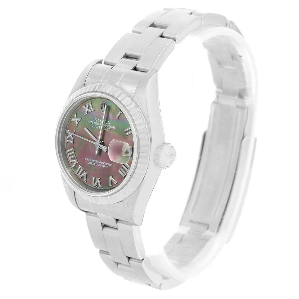 The image shows a side view of the Rolex Datejust 79174 Women's Stainless Steel Mother of Pearl Dial 79174 Women's Stainless Steel Mother of Pearl Dial watch, highlighting the bezel, dial, and bracelet.