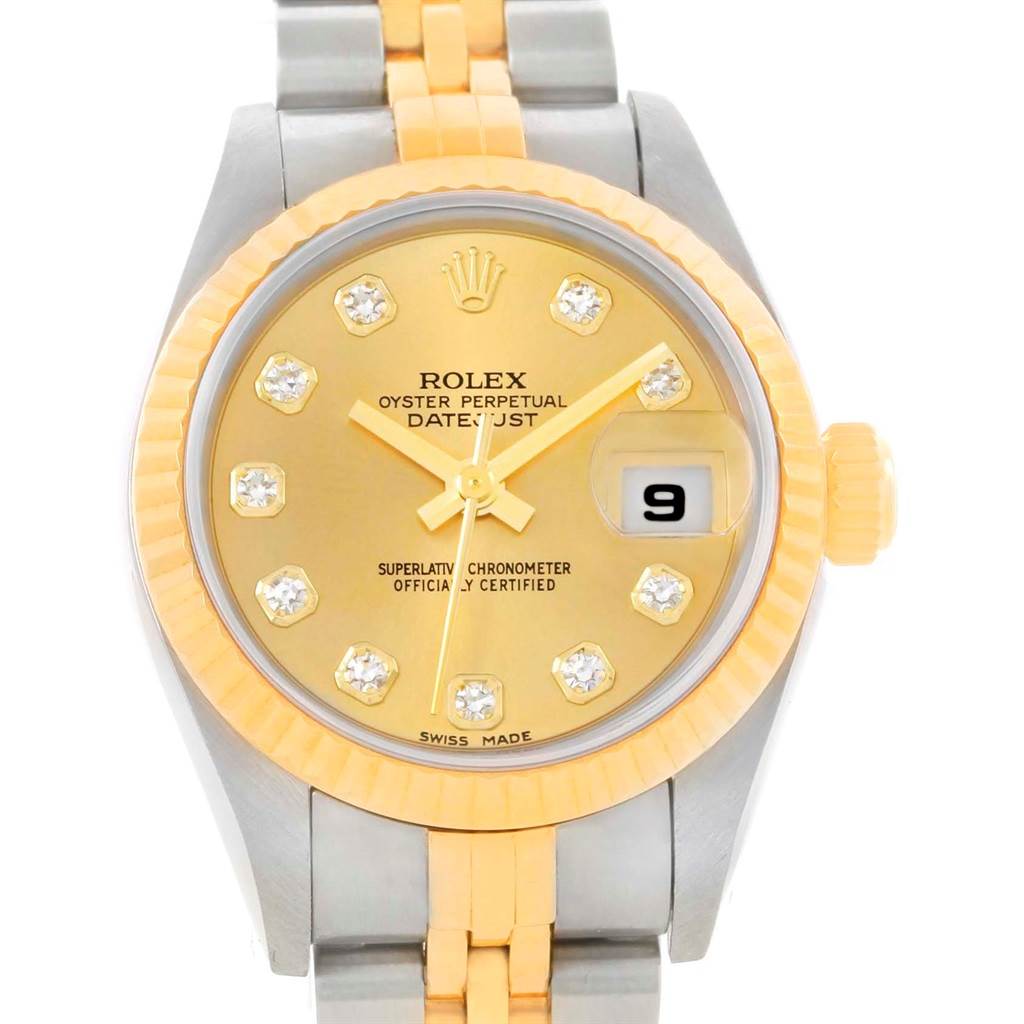 This image shows a frontal view of the Rolex Datejust 79163 Women's Steel and Gold (two tone) Champagne Dial 79163 Women's Steel and Gold (two tone) Champagne Dial watch, highlighting the dial, bezel, crown, and part of the bracelet.