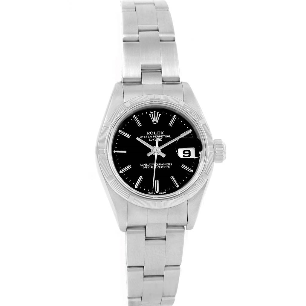 The image shows a Rolex Datejust 79190 Women's Stainless Steel Black Dial 79190 Women's Stainless Steel Black Dial watch with a black dial, silver bracelet, and date window, viewed from the front.