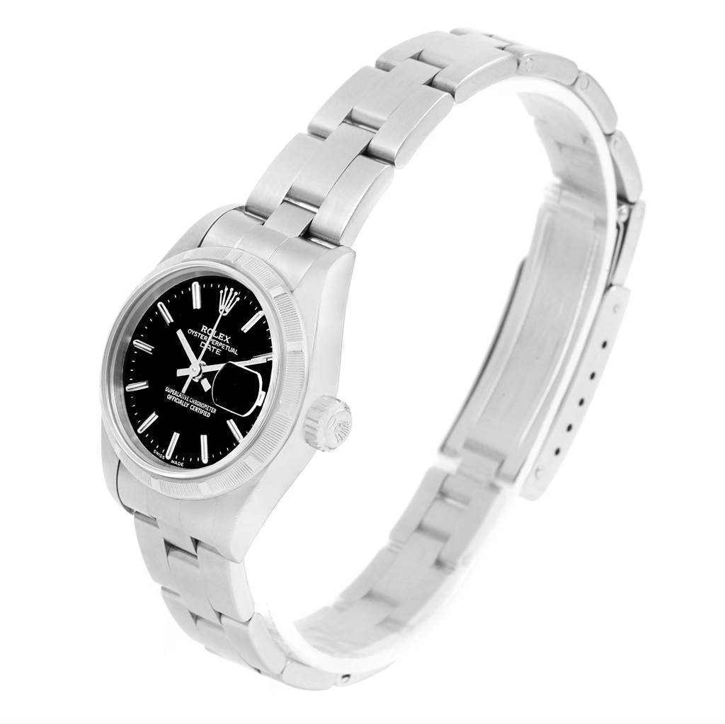 This image shows a Rolex Datejust 79190 Women's Stainless Steel Black Dial 79190 Women's Stainless Steel Black Dial model watch angled from the front left, displaying the dial, bezel, crown, and bracelet.