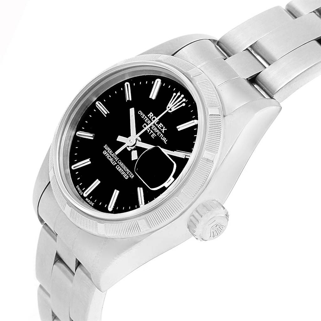 The image showcases a side angle of a Rolex Datejust 79190 Women's Stainless Steel Black Dial 79190 Women's Stainless Steel Black Dial watch, highlighting the dial, crown, and part of the bracelet.