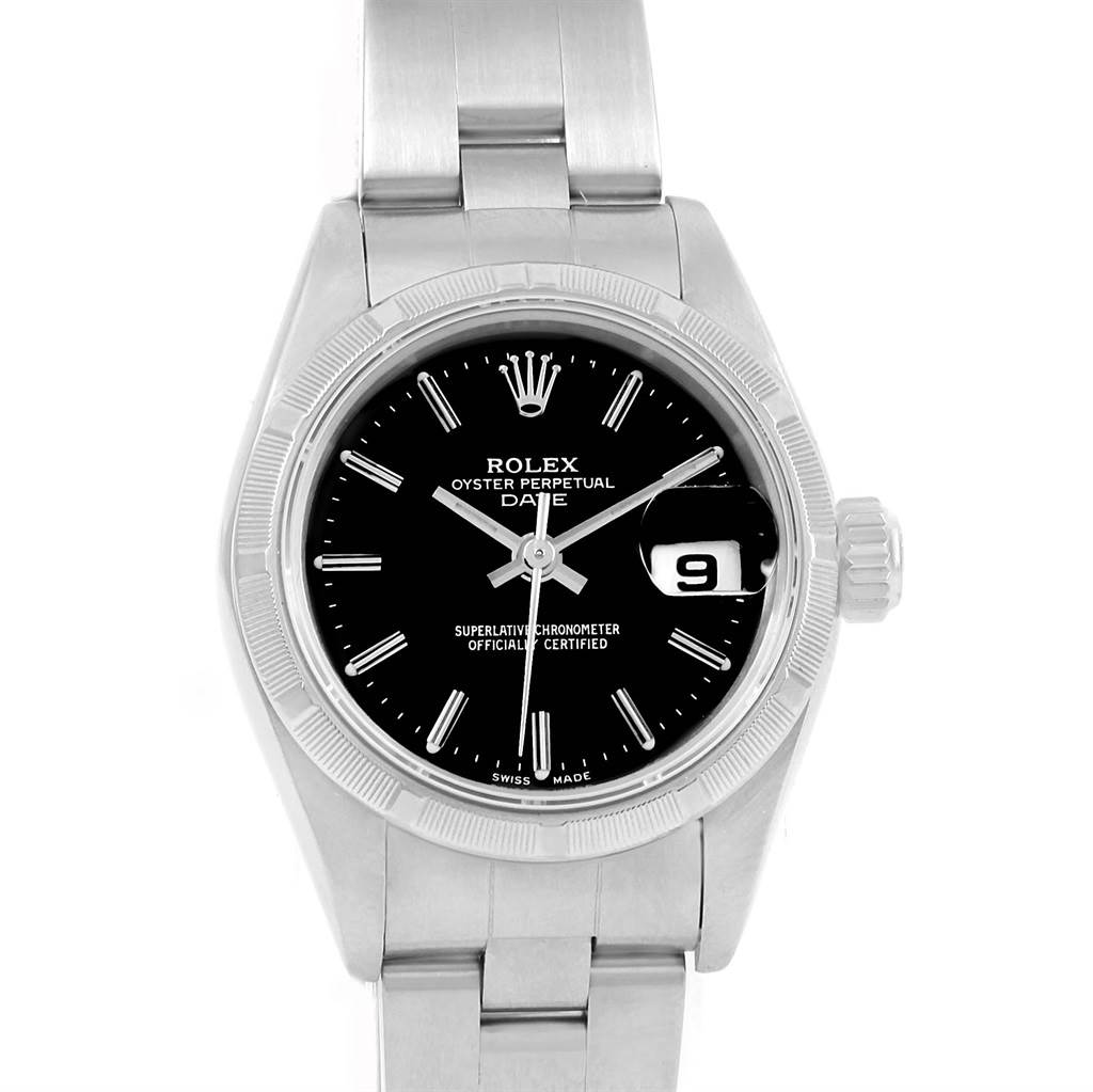The image shows a frontal view of a Rolex Datejust 79190 Women's Stainless Steel Black Dial 79190 Women's Stainless Steel Black Dial watch, displaying its face, bezel, bracelet, and crown.