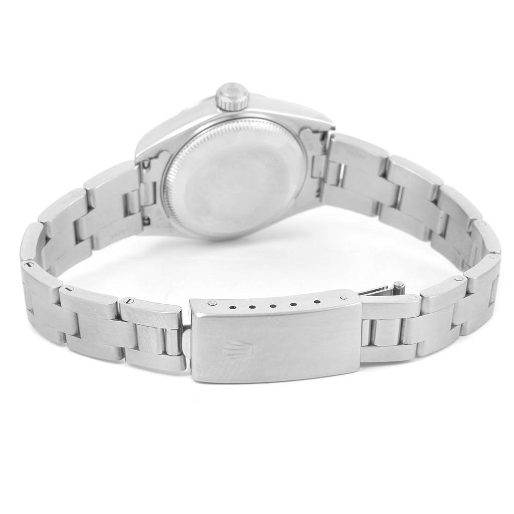 This image shows the back view of the Rolex Datejust 79190 Women's Stainless Steel Black Dial 79190 Women's Stainless Steel Black Dial watch, highlighting its case, crown, and metal bracelet with the clasp.