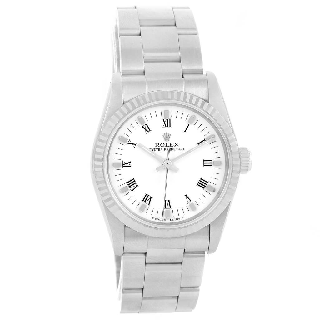 The Rolex Datejust 67514 Women's Stainless Steel White Dial 67514 Women's Stainless Steel White Dial watch is shown from a front angle, highlighting its dial, bezel, case, and bracelet.