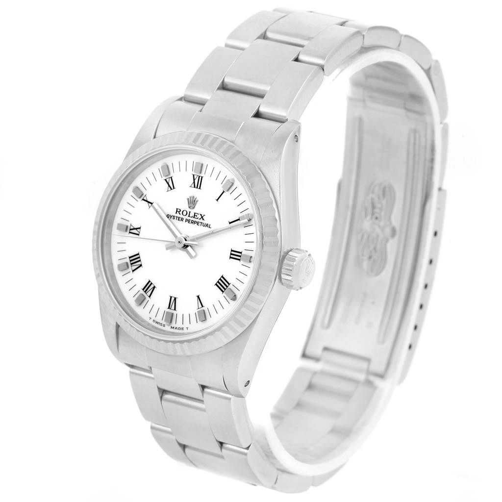 This image shows a Rolex Datejust 67514 Women's Stainless Steel White Dial 67514 Women's Stainless Steel White Dial watch at a three-quarter angle, highlighting its face, bezel, crown, and bracelet.