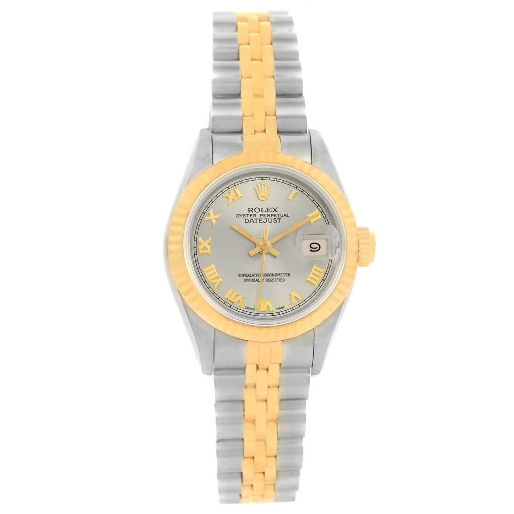 The image shows a frontal view of the Rolex Datejust 69173 Women's Stainless Steel Grey Dial 69173 Women's Stainless Steel Grey Dial watch featuring its face, bezel, and two-tone bracelet.